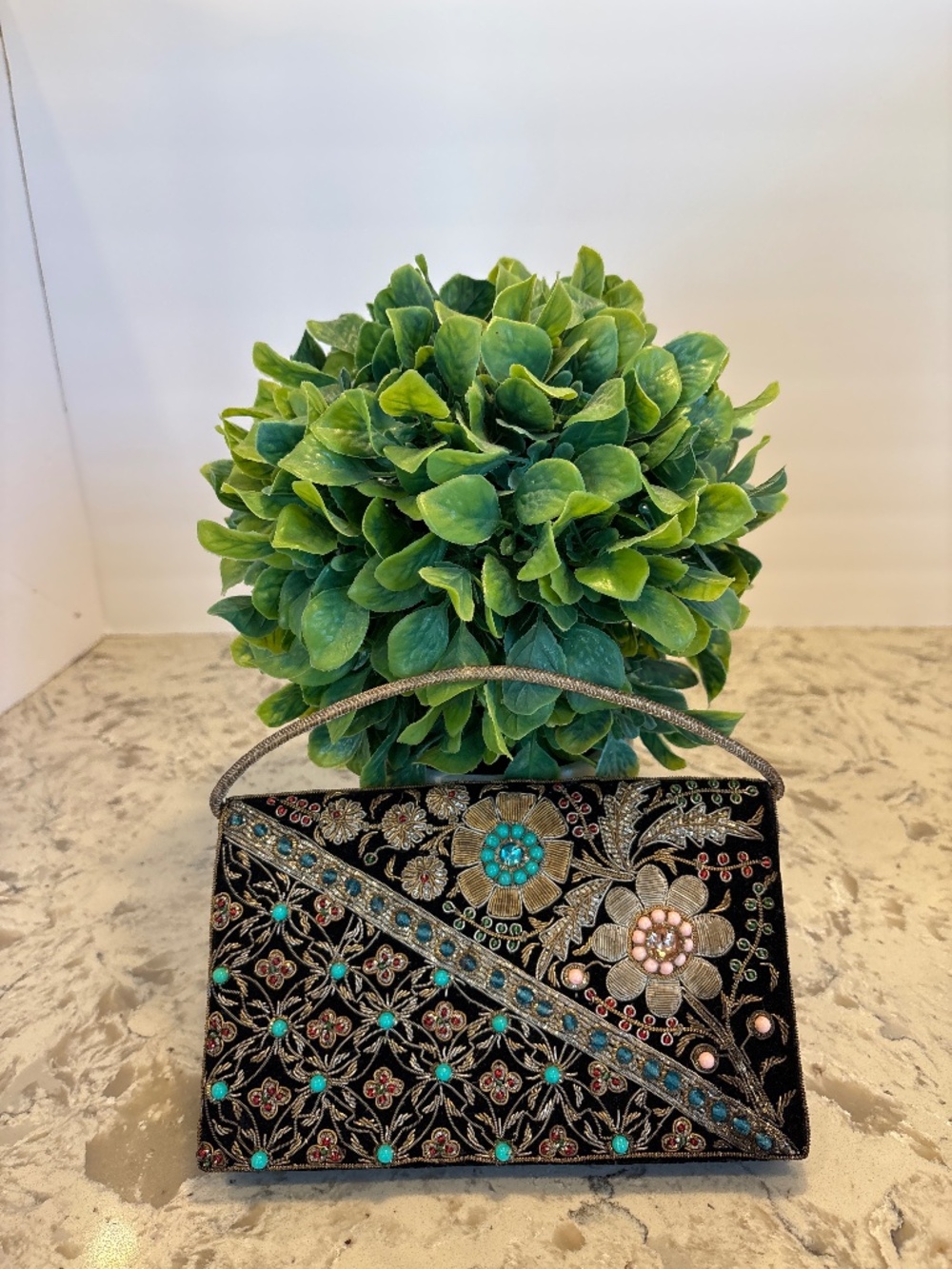 Vintage Black Velvet Evening Clutch Metallic Zardozi Wire Embroidery Floral